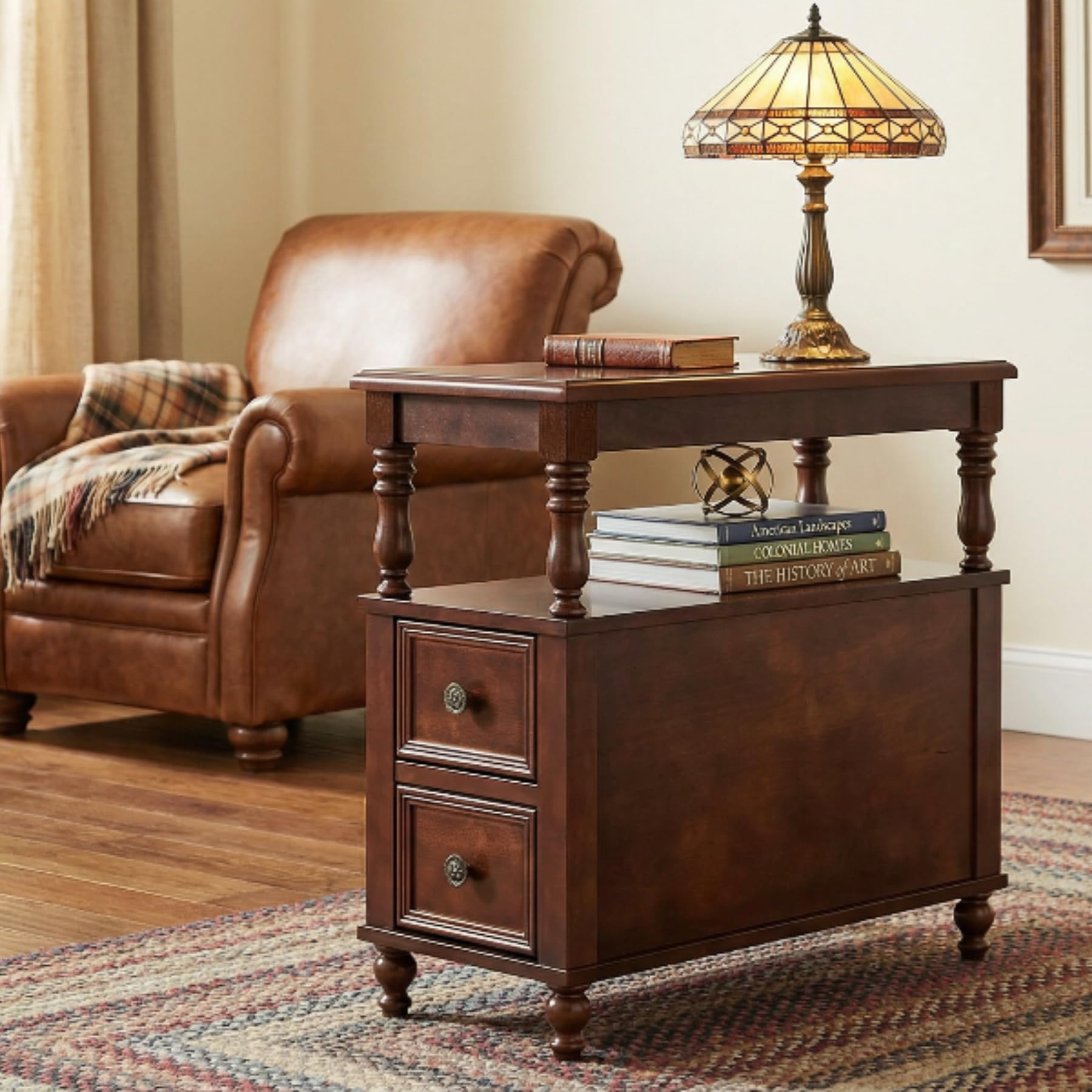 Tribesigns Cherry Finish Wood End Table with 2 Drawers, Mid-Century Wooden Slim Side Table Nightstands with Storage Shelf, Accent Table for Living