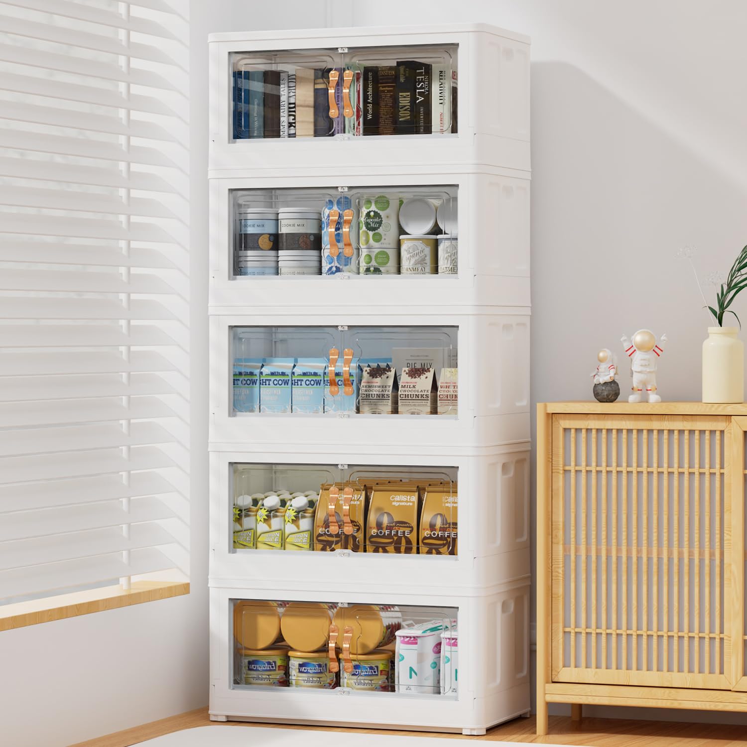 5 Packs Stackable Storage Bins with Lids,110Qt/27Gal Magnetic Suction Door Closet Organizers and Storage,Collapsible Storage Bins with Wheels,Plastic Organizers and Storage for Closet,Bedroom, White