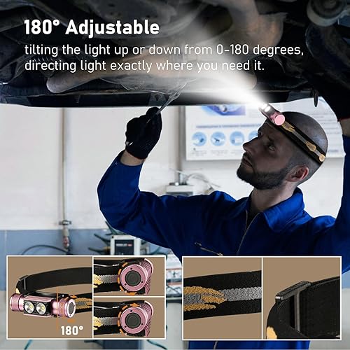 Miniatura 9 de Faro delantero, lámpara de cabeza de 1200 lúmenes altos para adultos, impermeable y resistente a los impactos, diadema ajustable y cómoda, dorada,