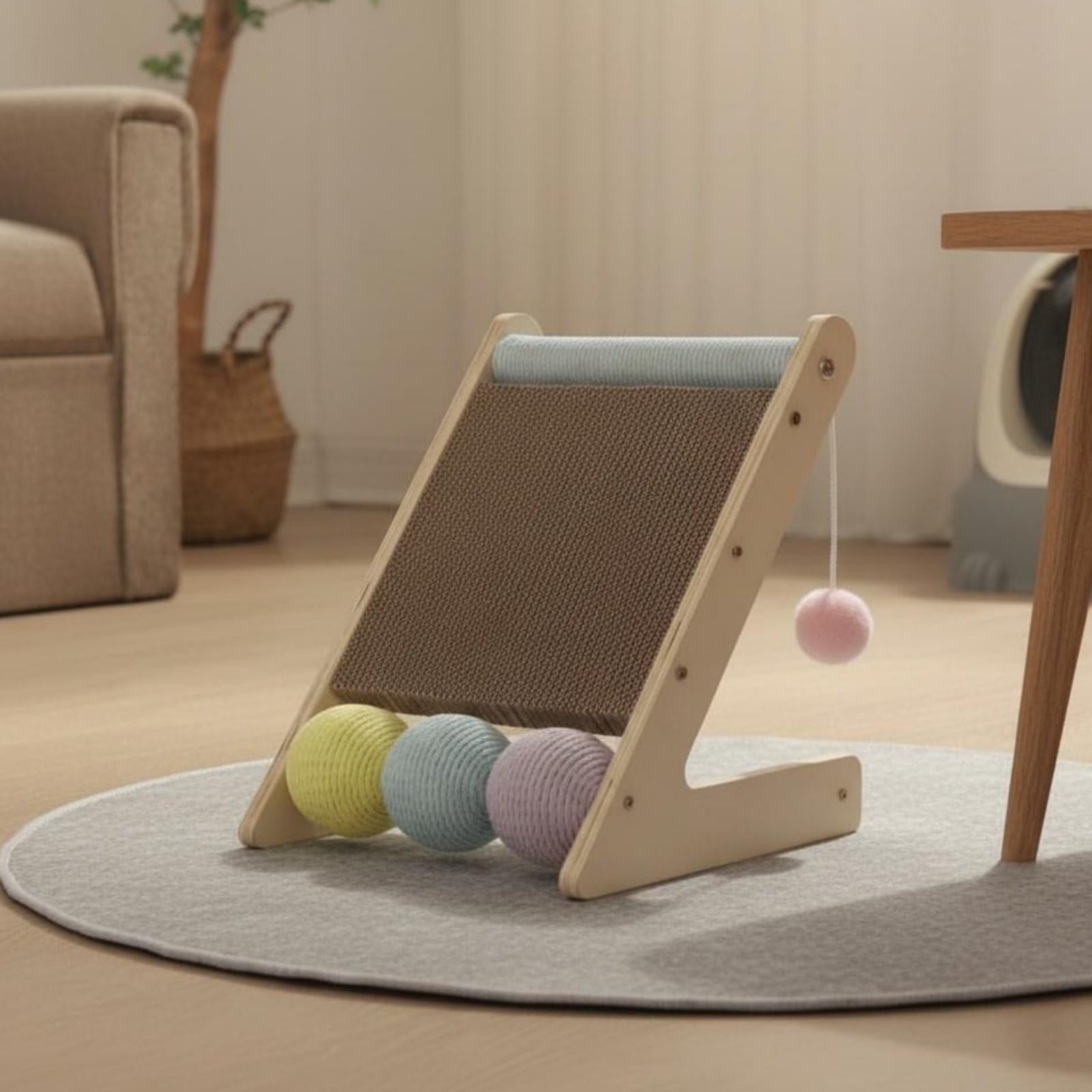 Griffoir Chat Carton Ondulé Ergonomic avec Boules Sisal et Jouet Tissu pour Chat Prévention Obésité et Digestion Saine