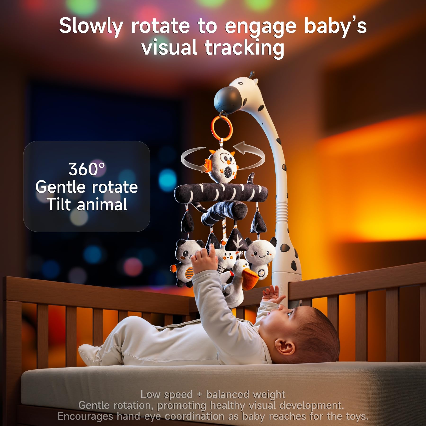 TUMAMA Giocattolo mobile per culla 0-3 mesi alto contrasto luce notturna proiettore musica rumore bianco peluche appendere