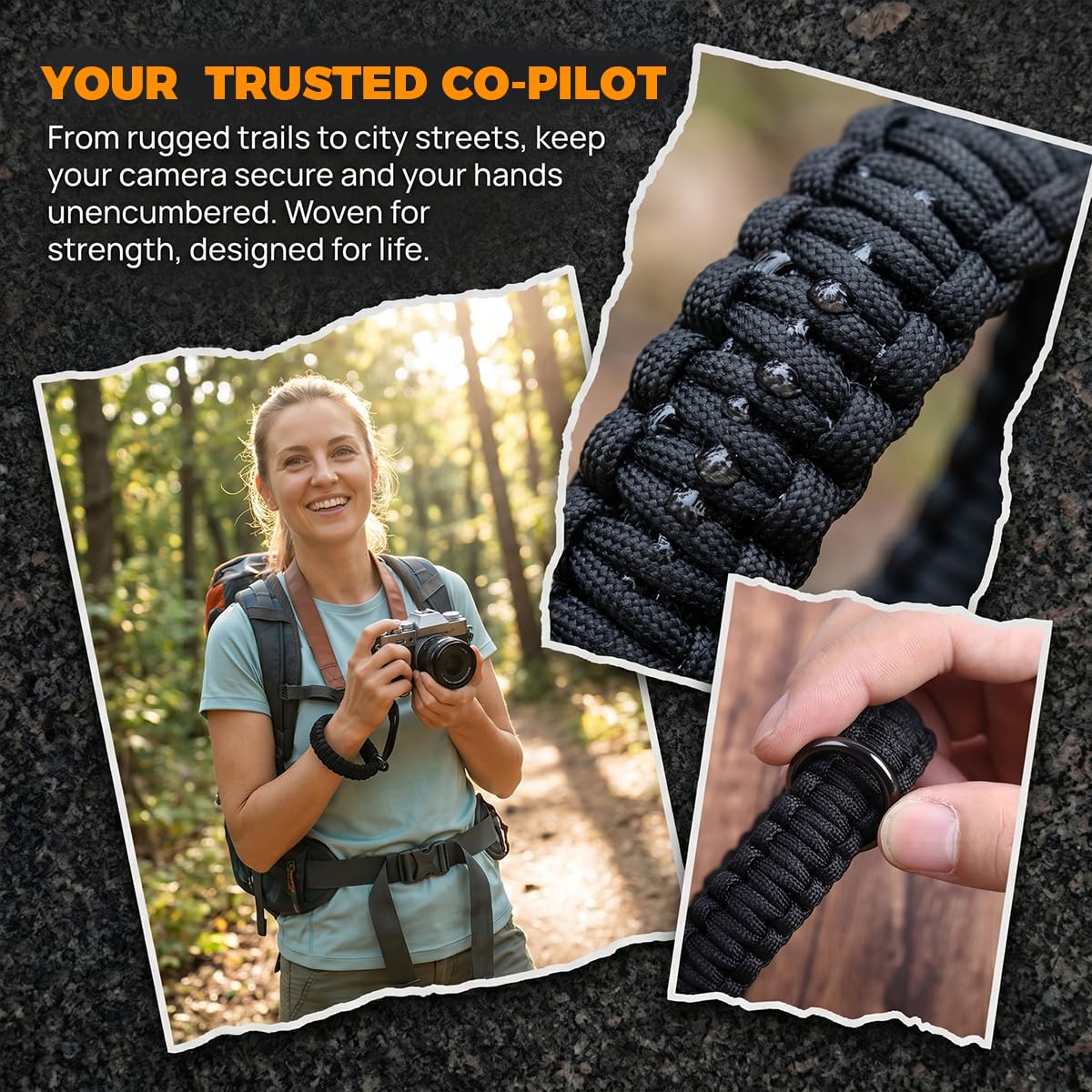 Dragonne Appareil Photo en Paracord 550, Noir Sangle de Poignet pour Appareil Photo, avec Anneaux en D, Compatible avec DSLR, Action Cam et Compact, Accessoire Sécurisé pour Photographie en Plein Air