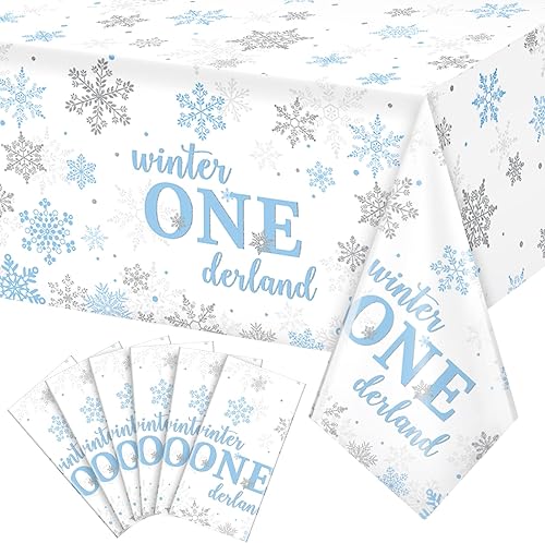6 manteles desechables de plástico de Navidad de invierno para primer cumpleaños, diseño de copos de nieve azul y plateado, para decoración de
