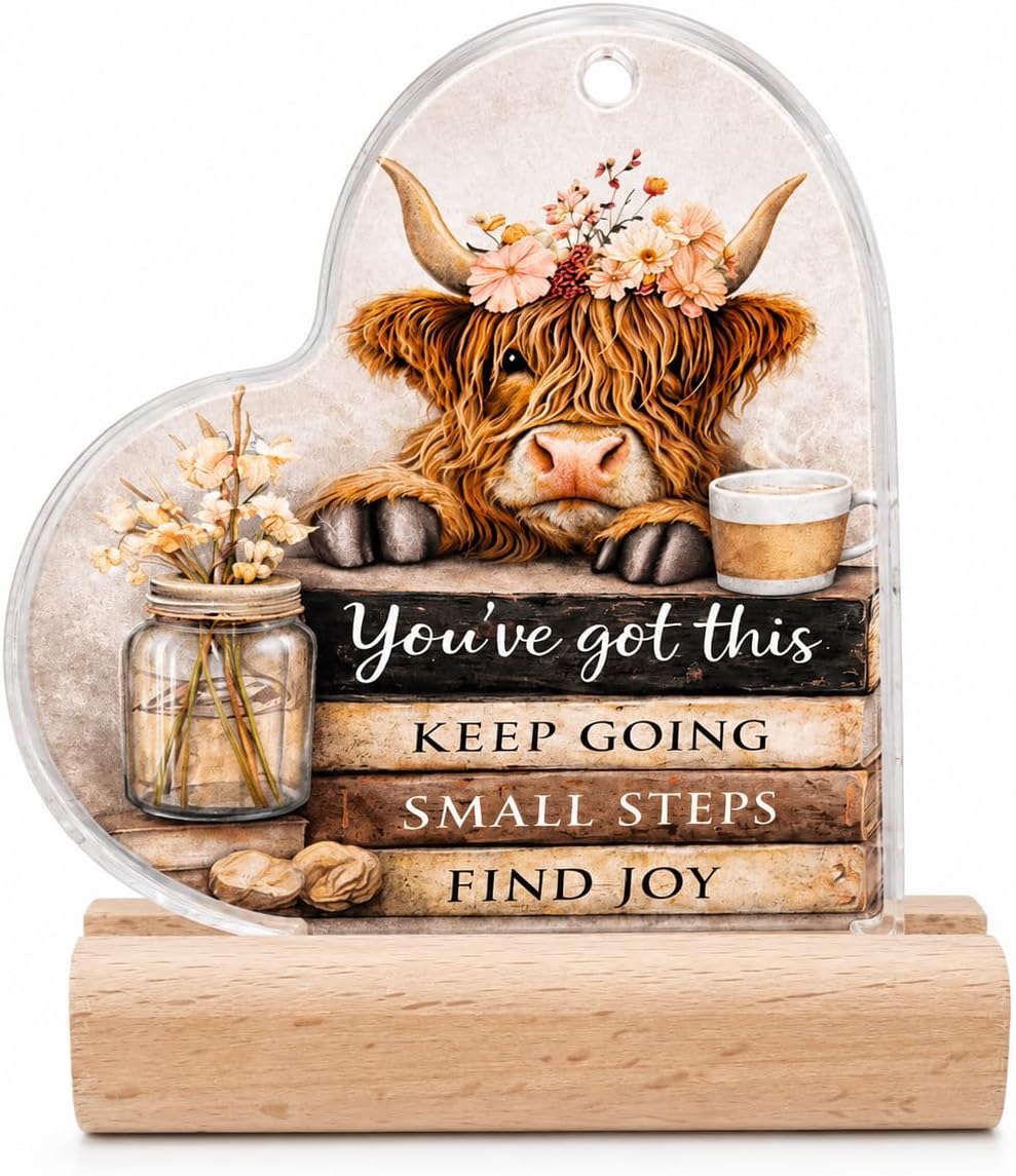 Highland Cow Gifts for Women, Highland Cow Decor Acrylic Sign with Wood Base, Gratitude Farmhouse Decoration for Home Bathroom, Housewarming Acrylic Keepsake Gifts