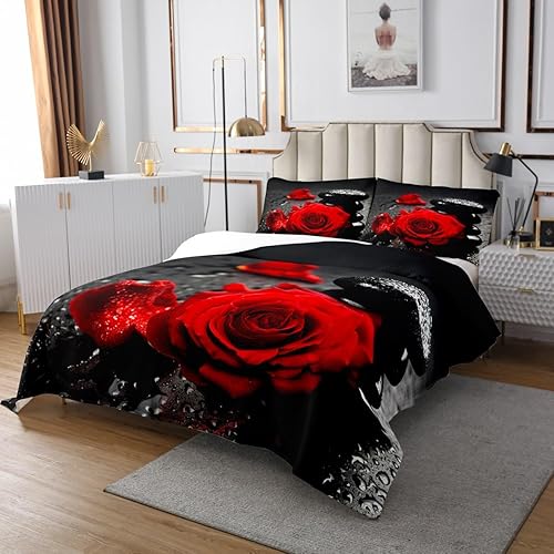 Miniatura 7 de Erosebridal Juego de colcha romántica floral de rosas negras y verde azulado, juego de colcha de rosas 3D para dormitorio de mujeres y niñas,