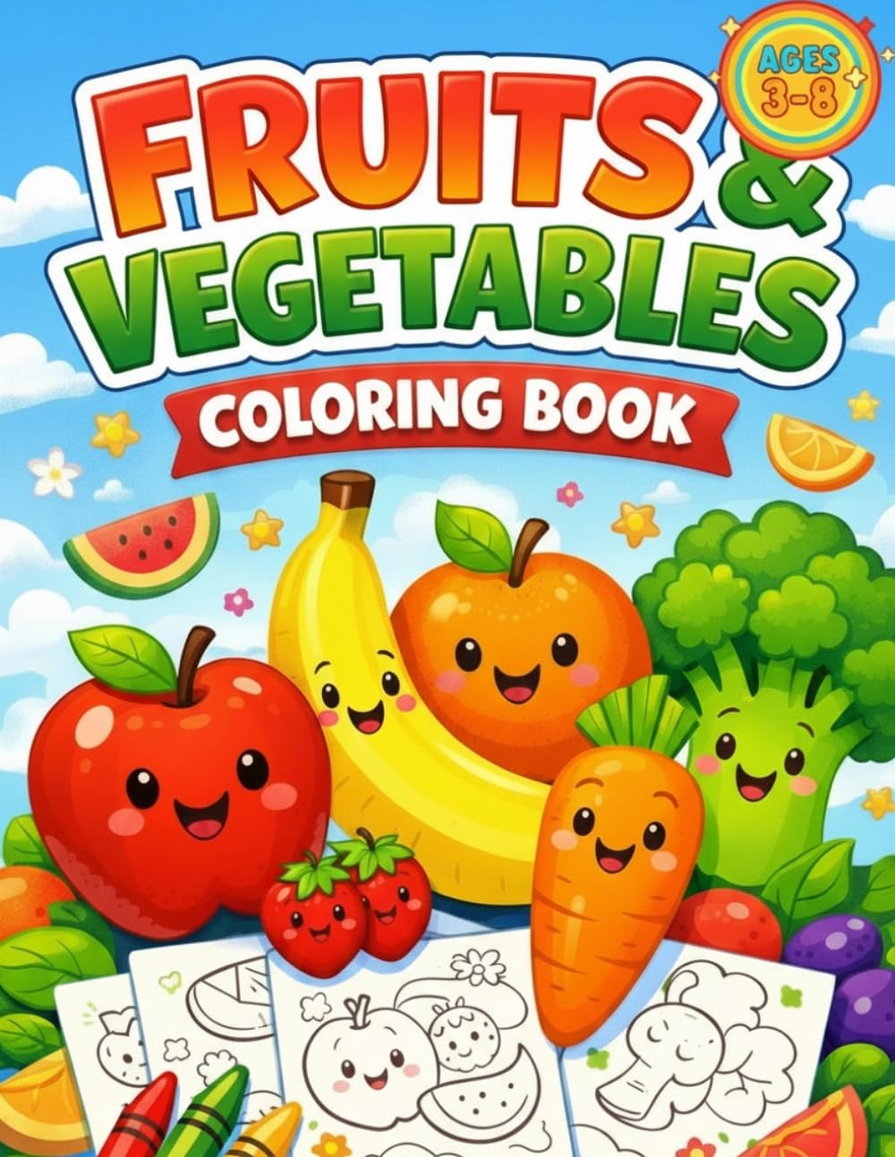 Fruits & Vegetables Coloring Book for Kids Ages 3–8: 60 Fun Coloring Pages | Learn English Vocabulary with Fruits & Vegetables | Activity Book for Kids Ages 3–8