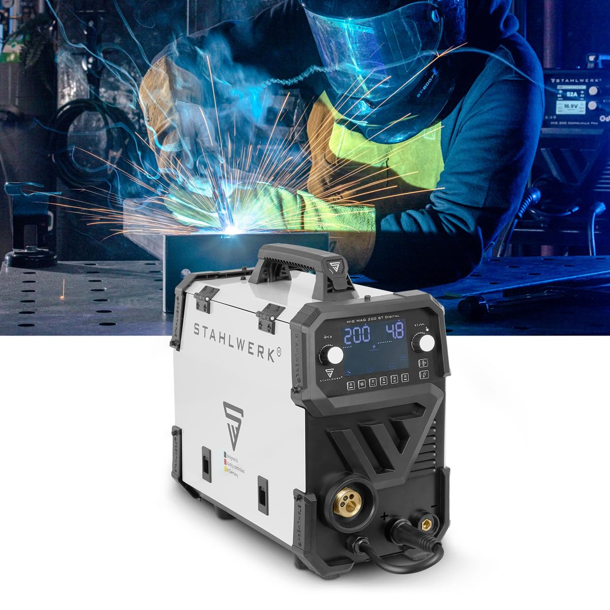 STAHLWERK Schutzgasschweißgerät MIG/MAG 200 ST Digital – Vollausstattung – Inverter mit 200A, MMA (E-Hand/ARC) FLUX (Fülldraht), Schweißen ohne Gas möglich, Spot-Funktion, synergischer Drahtvorschub