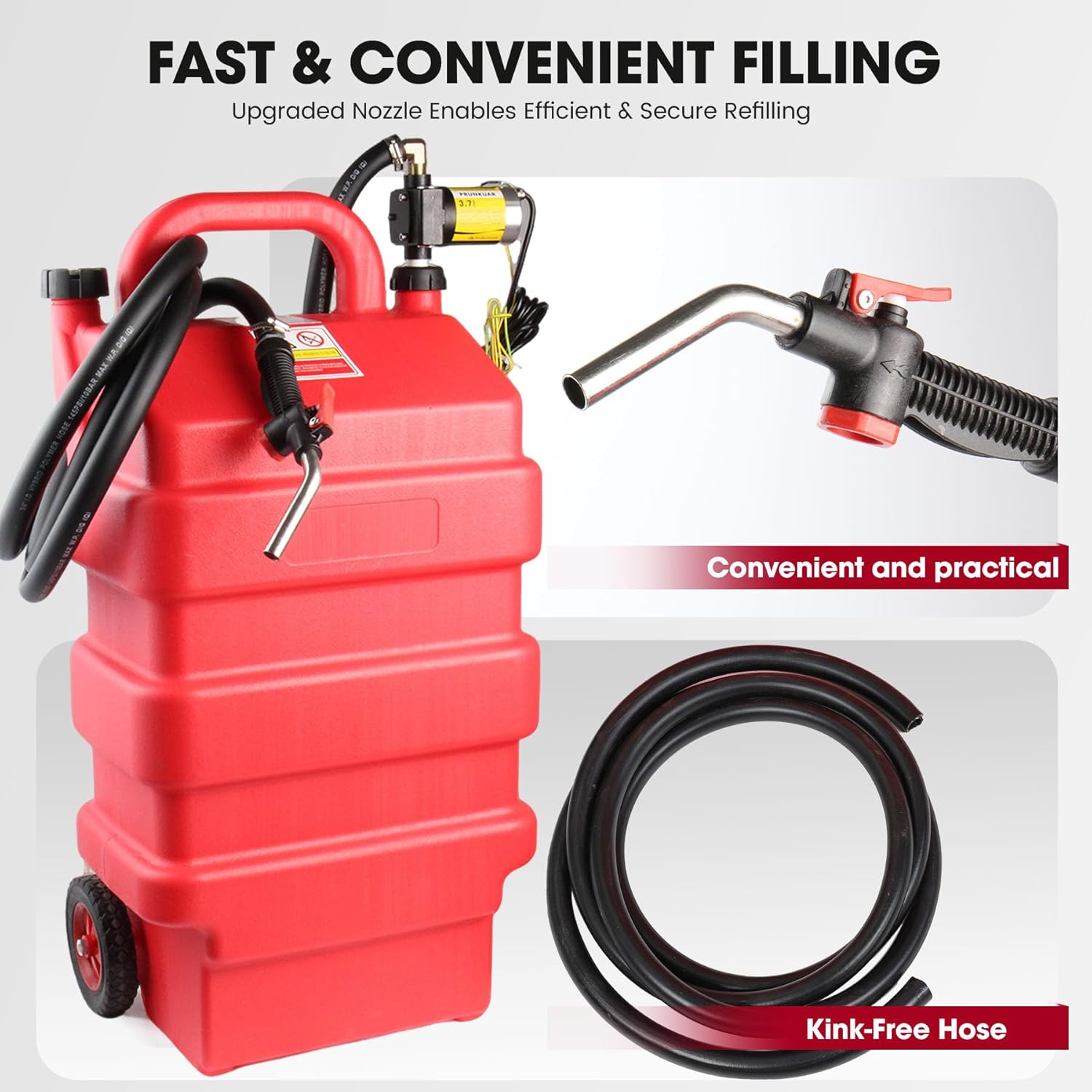 16 Gallon Fuel Caddy, Portable Gas Storage Tank with 3.7GPM Fuel Transfer Pump & 2 Wheels, Gasoline Diesel Container for Cars, ATVs, Boats, Lawn Mowers, Red