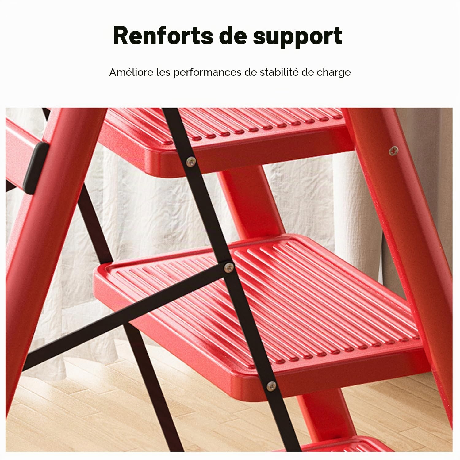 K IKIDO Escabeau pliable avec main courante, 4 marches - Antidérapant, facile à ranger - Marches larges - Convient pour la cuisine, la maison et la maison - Charge maximale : 150 kg (4 marches)