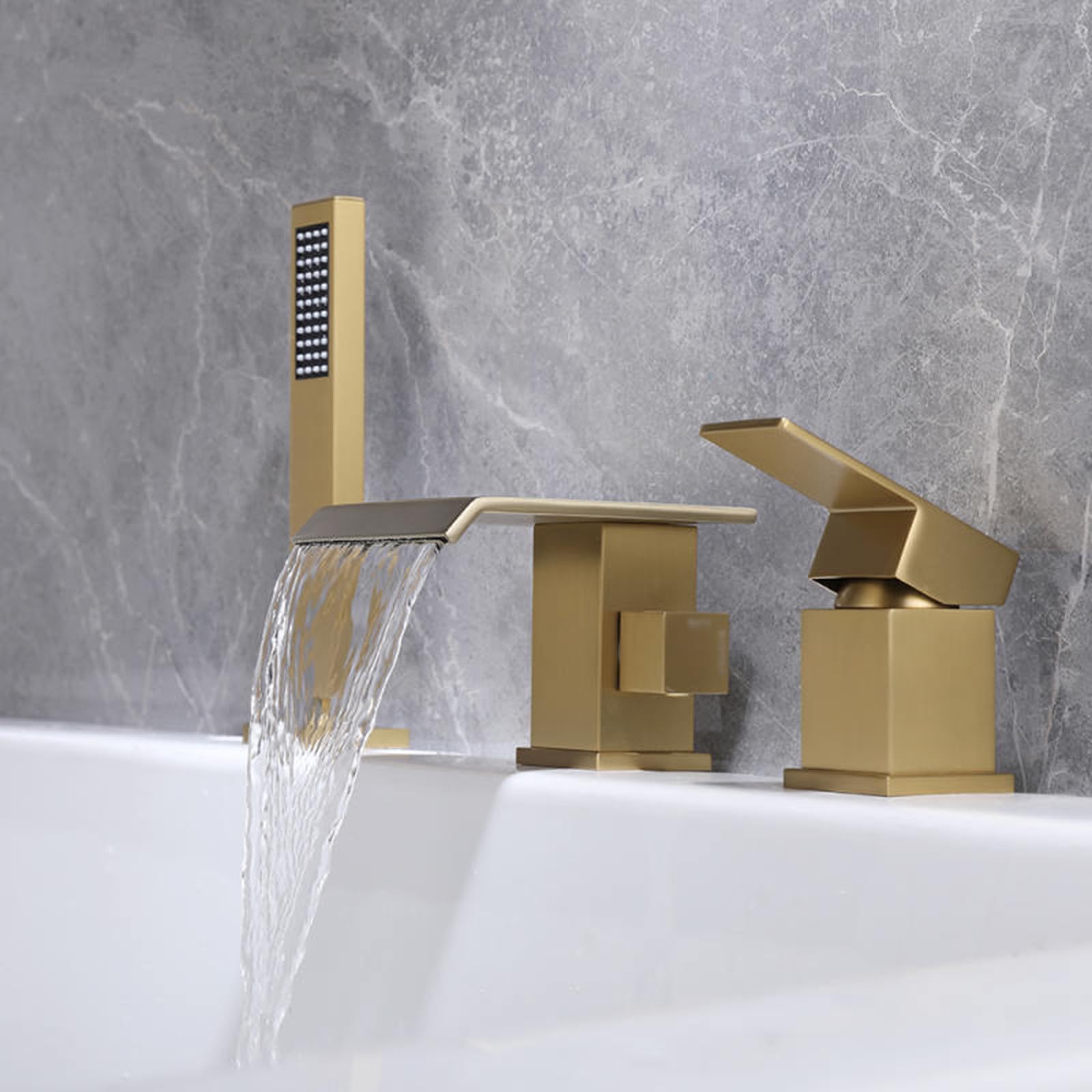Robinet mitigeur de bain-douche cascade en laiton or brossé 3 trous - 7