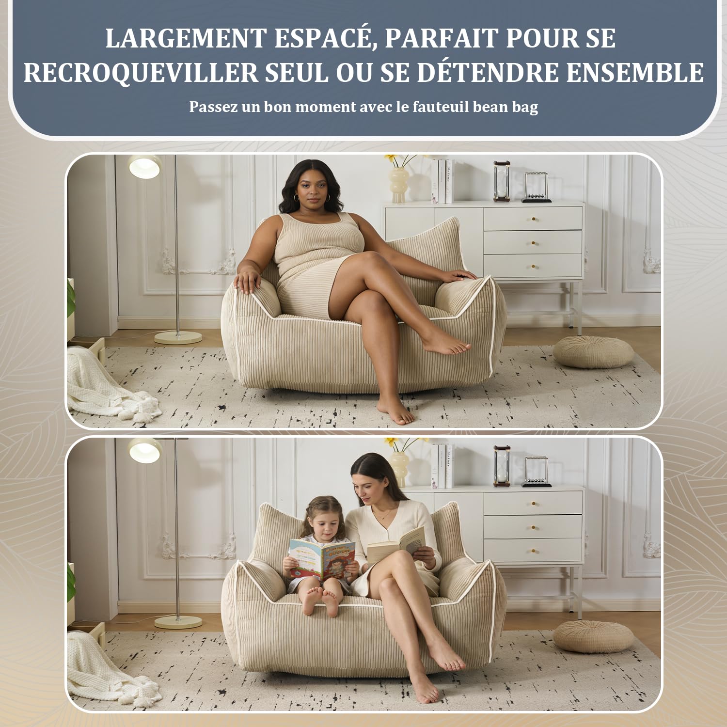 Pouf en Velours côtelé avec Dossier, Pouf pour Adulte avec Rembourrage, Grand Pouf en Fourrure synthétique, Fauteuil Confortable avec Mousse Haute densité, Chambre, Salon, Beige