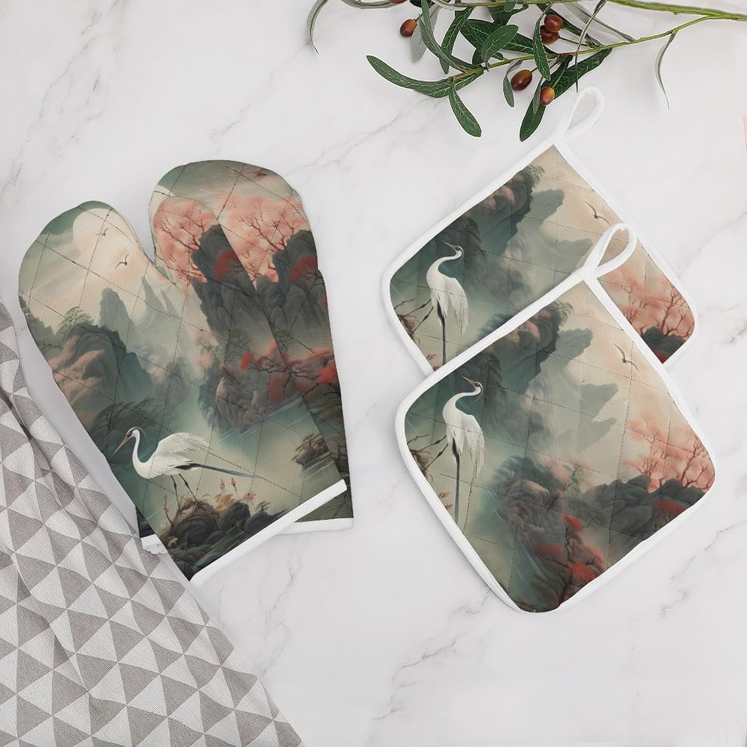 Chinese-Style Landscape Painting of A Crane Flying Birds 4 Pcs Oven Mitts and Pot Holders Set High Heat Resistant Long Kitchen Oven Glove Potholders