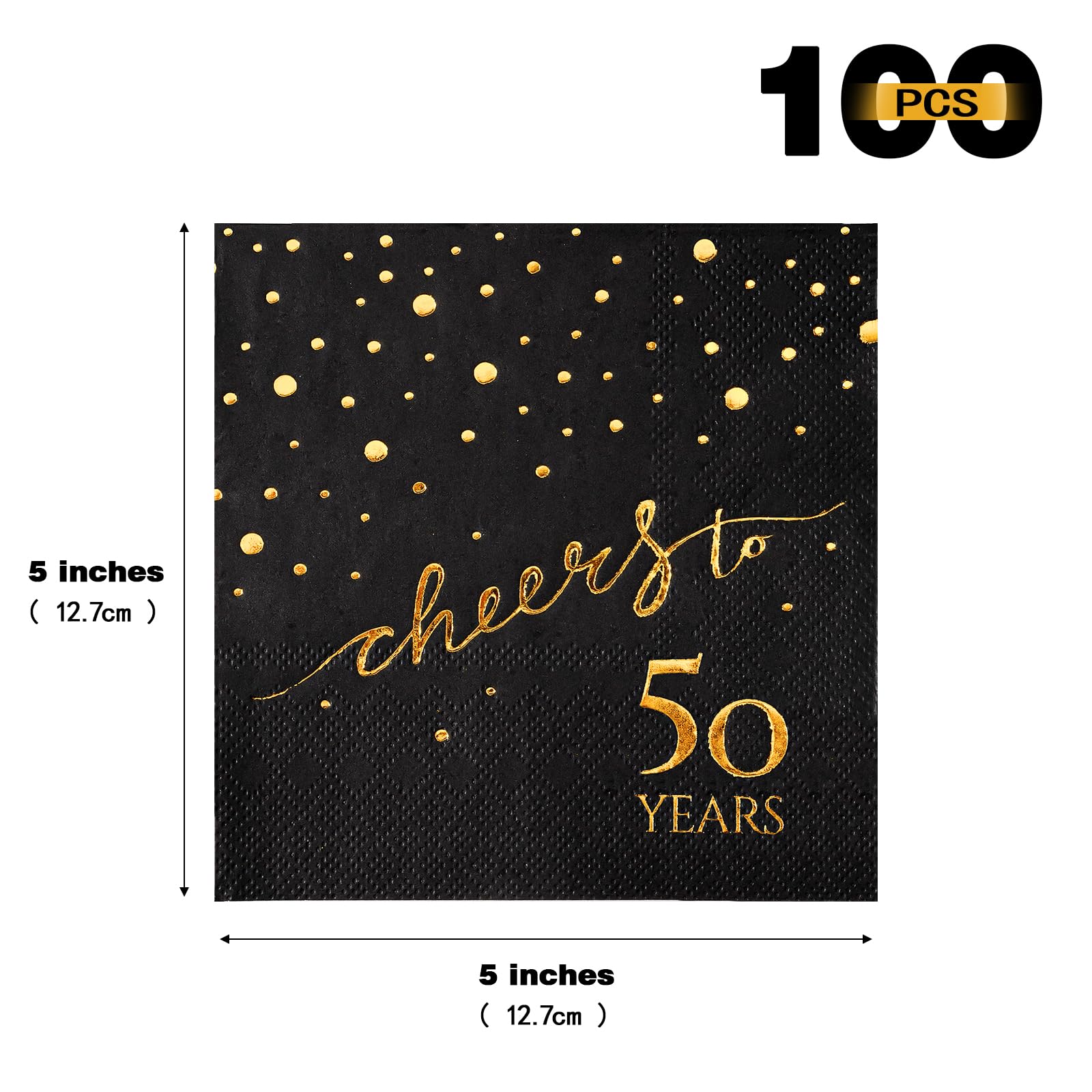 Paquete de 100 servilletas de 50 cumpleaños, servilletas de cóctel de 3 capas de 5 x 5 pulgadas, servilletas de papel para decoración de cumpleaños, boda, aniversario, negro y dorado