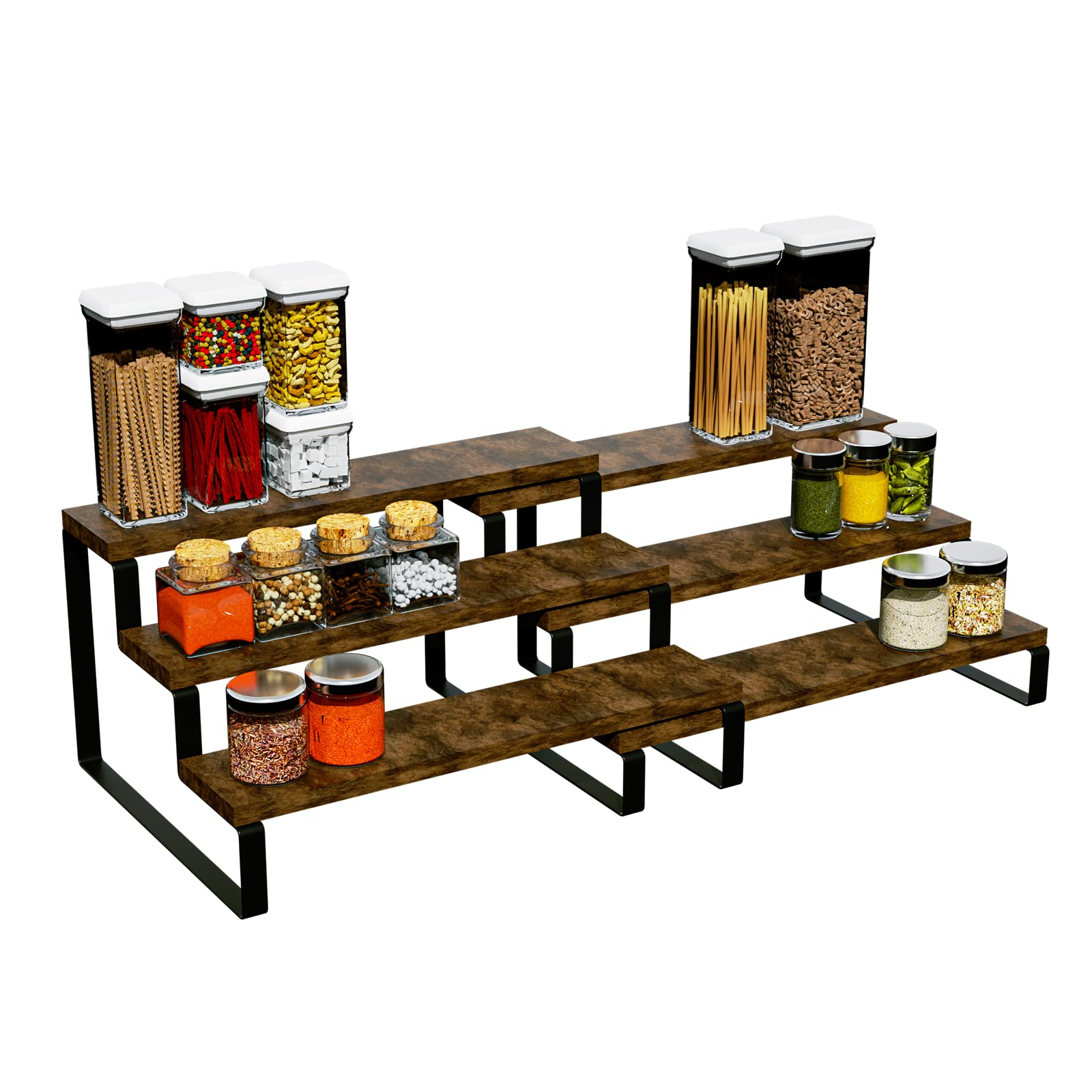 3 Tier Expandable Spice Rack Organizer (13.8 to 26 Inch)Step Shelf Spice Storage Holder for Kitchen Cabinet Countertop Pantry, for Spice Bottles, Jars, Seasonings, Baking Supplies, (Wood+Metal Frame)