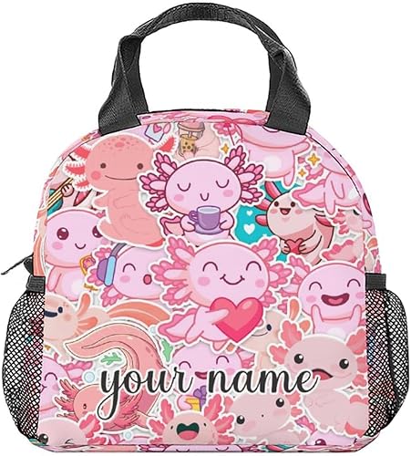 Bolsa de almuerzo personalizada con ajolote para niños, pequeñas bolsas de almuerzo aisladas, bonita lonchera reutilizable para mujeres, bolsas de
