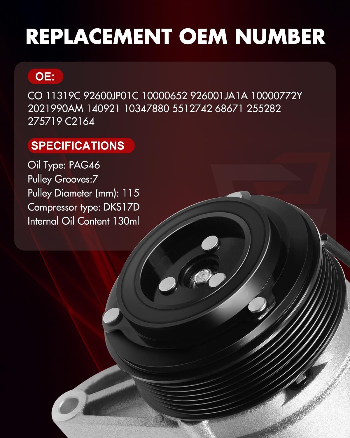 Air Conditioner AC Compressor with Clutch for Nissan Maxima 2008-2014, Murano 2009-2014, Pathfinder 2013-2015, Quest 2011-2015 & for Infiniti JX35 2013, QX60 2014-2015 Fast Cooling CO 11319C
