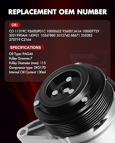 Miniatura 5 de Compresor de aire acondicionado con embrague para Nissan Maxima 2008-2014, Murano 2009-2014, Pathfinder 2013-2015, Quest 2011-2015 y para Infiniti