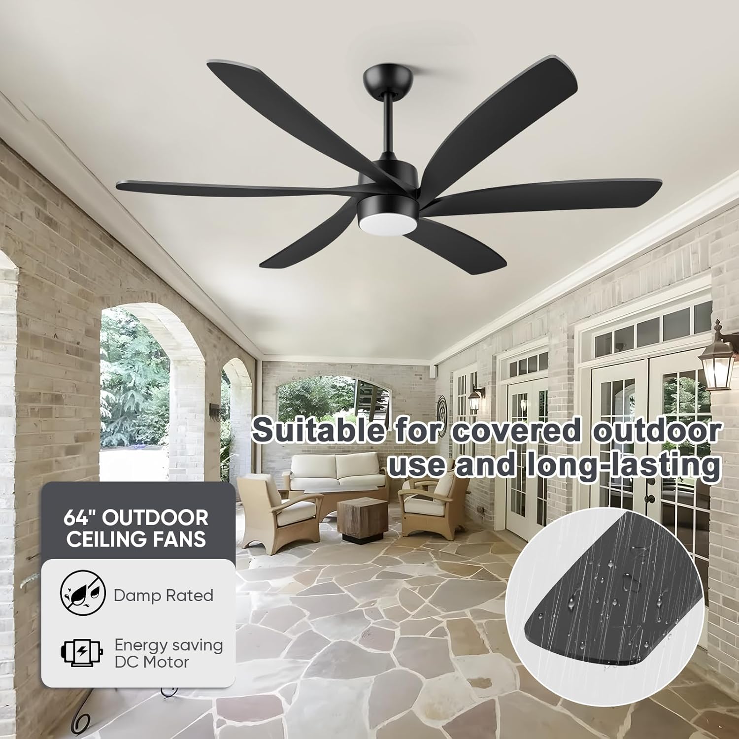 Outdoor Ceiling Fans with Lights, 64 Inch Modern Black Smart Ceiling Fan with Remote& APP& Alexa, 6 Blade ABS Damp Rated Ceiling Fan Exterior for Patio Proch Indoor Living Room Industrial Fan