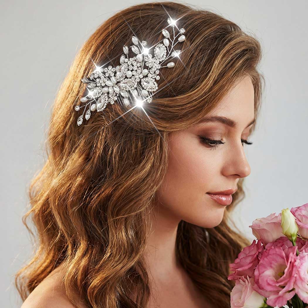 Catery Rhinestone Bridal Hair Comb Wedding Pieces for Brides (Silver) | Crystal Hair Combs Pearl Side Clips Headpiece Hair Accessories for Bridesmaid Mother of Brides Sparkly Lightweight