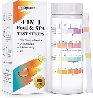 Bebapanda 4 IN 1 Pool Test Strips, 150 Strips Pool Spa Test Strips for Hot Tub Easy Test Strips for Swimming Pool Water Quality Testing for Free Chlorine/Bromine, Total Alkalinity, Cyanuric Acid,PH