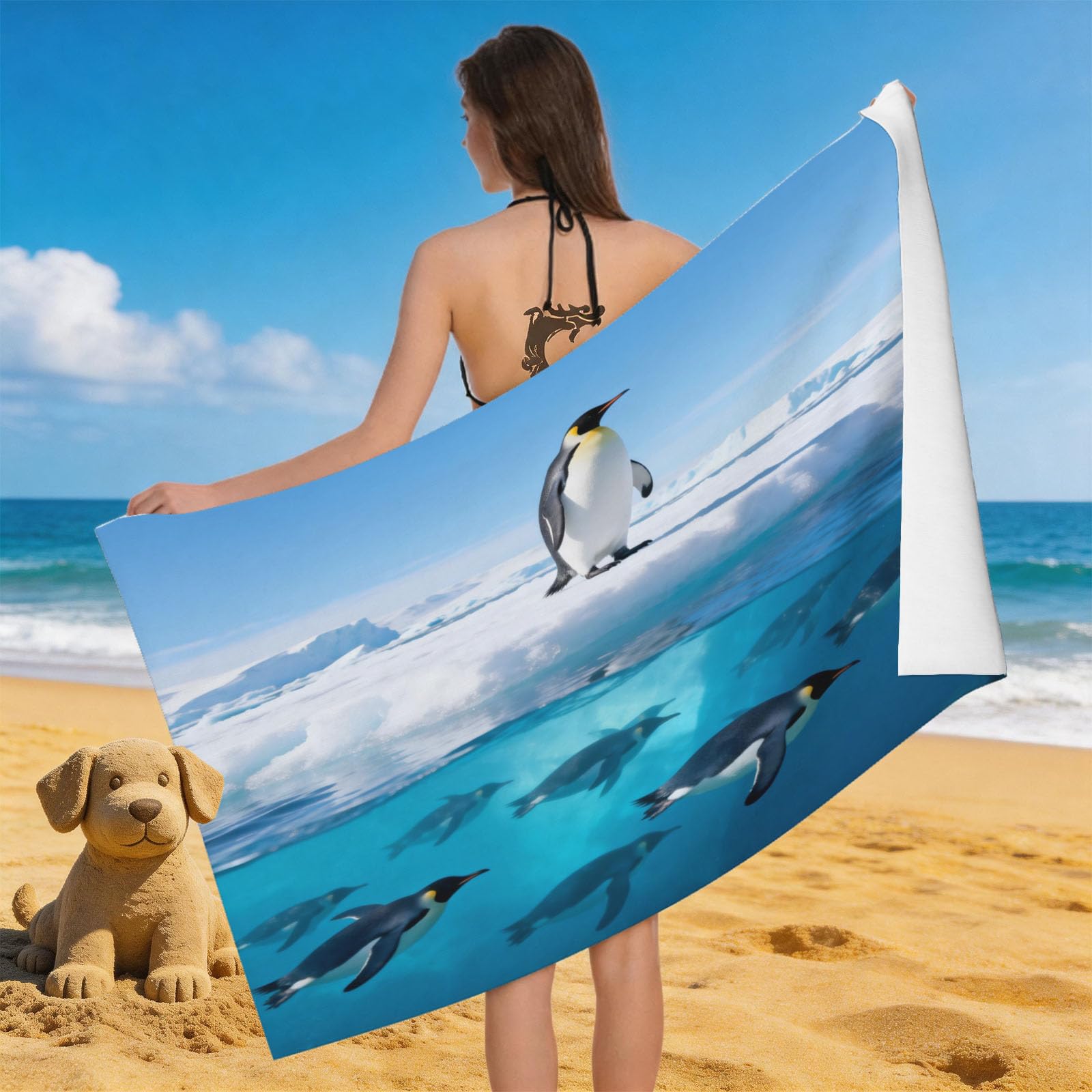 Leichong 3D Emperor Penguin Beach Towel Large Microfiber Soft Quick Dry for Adults, Ocean Sea Pattern Bath Towel Lightweight Soft Absorbent for Travel Swimming Pool Sports, 80 x 160 cm