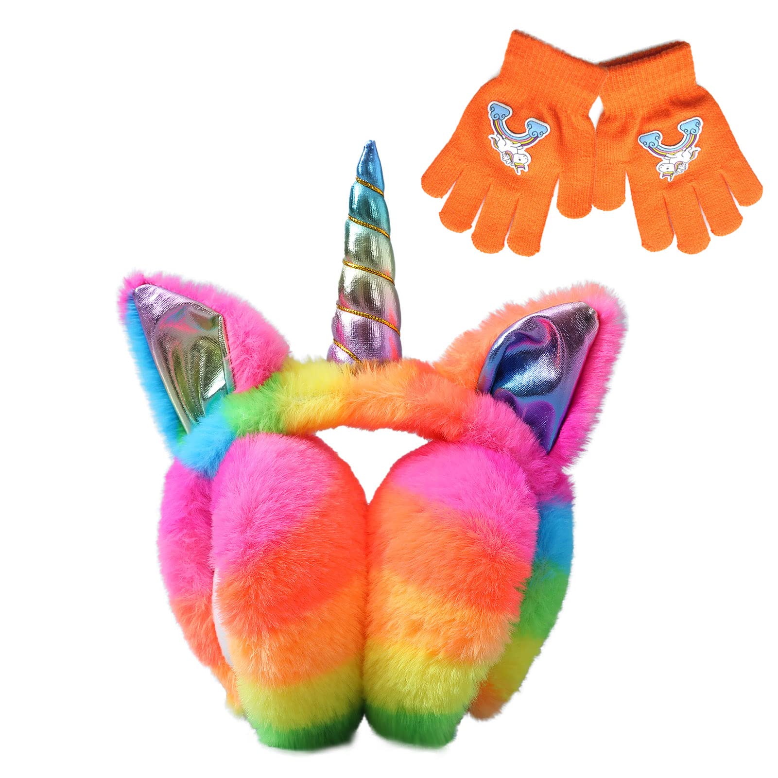 CHUANGLIWinter Unicorn Earmuffs & Glove Set, Cute Cartoon Foldable Earmuff Rainbow Ear Warmers for Girls/Women's Gift