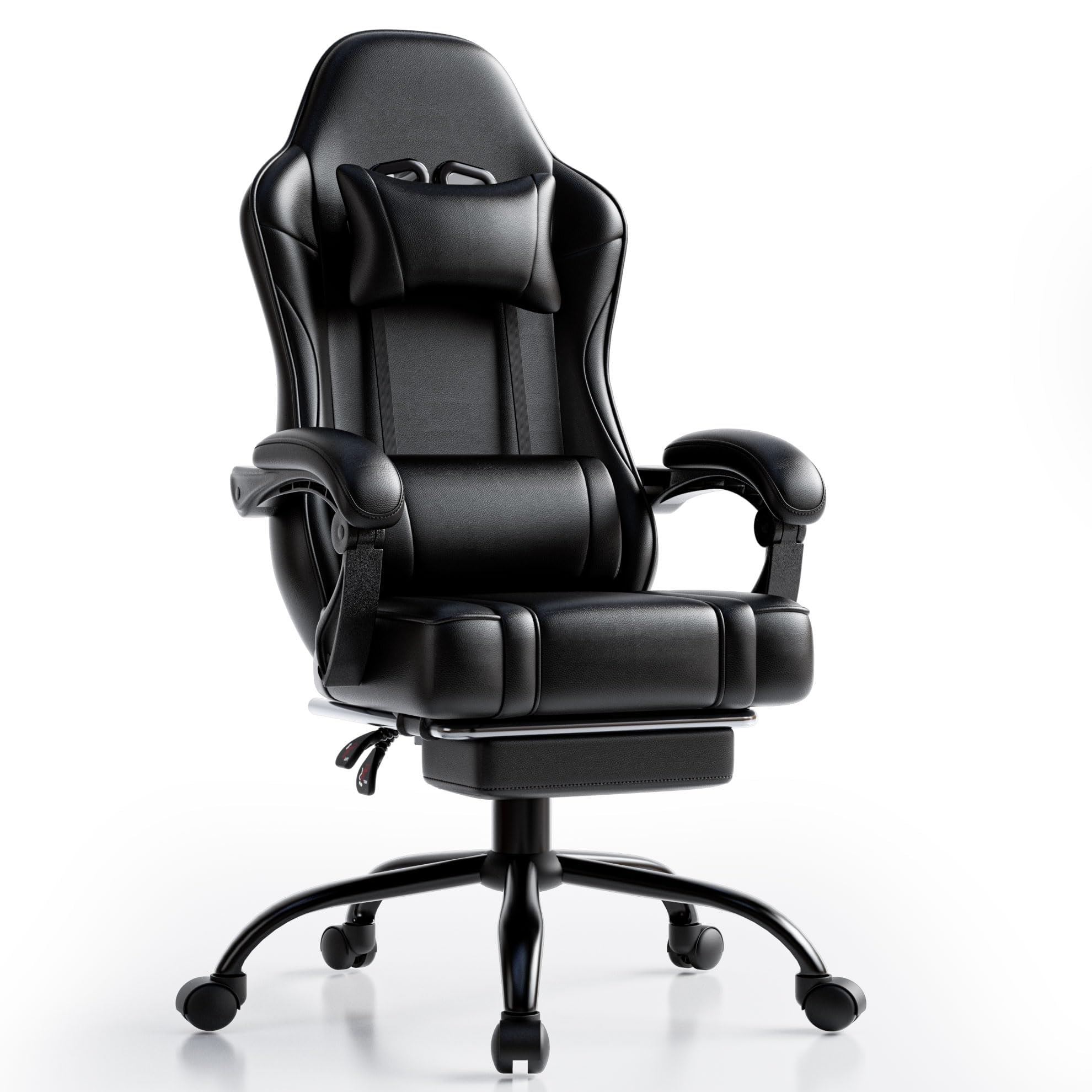 Sillas Gaming con Reposapies, Silla Gamer Adulto con Respaldo Lumbar, Silla Escritorio Gaming Ajustable en Altura, Silla Ordenador en Piel Sintética (Cojín Plano, Negro)