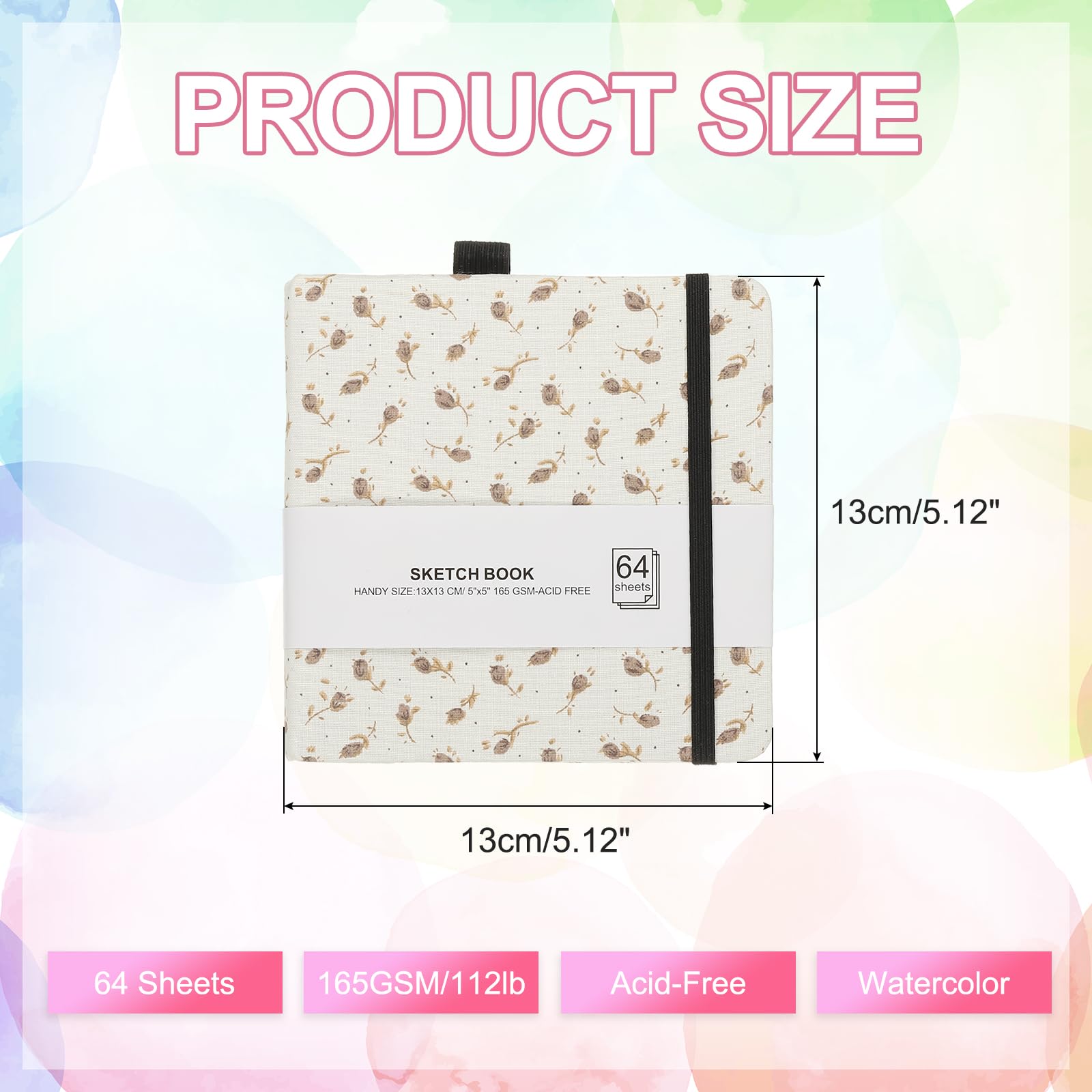 PATIKIL 5.1x5.1 Watercolor Sketchbook, 64 Sheet 165GSM/112lb Watercolor Paper Sketchbooks Acid Free Watercolor Journal Hardcover Artists Paper Pads with Pen Holder, Brown Flower