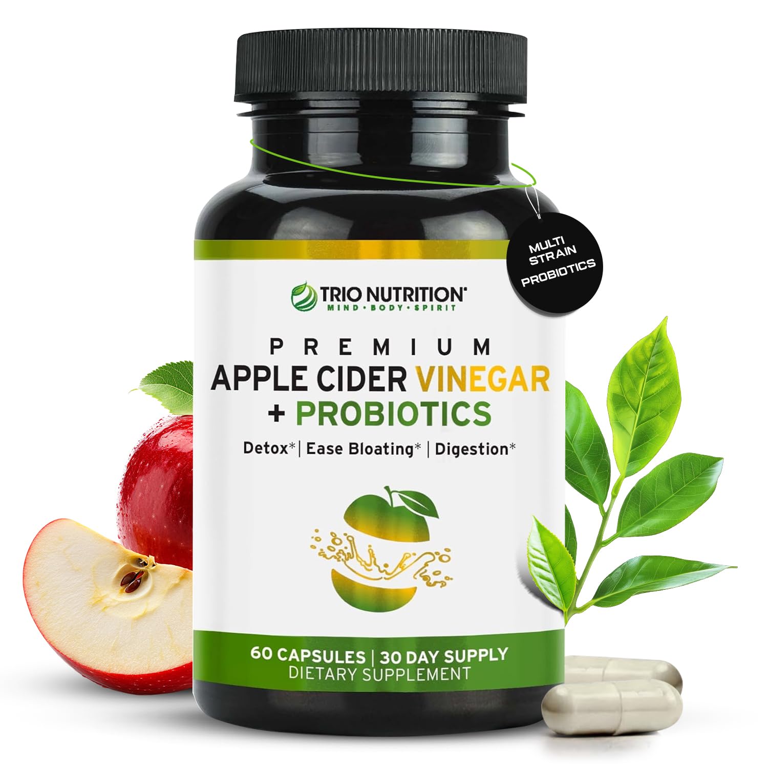 Apple Cider Vinegar Capsules with Multi-Strain Probiotics - Natural Sugar Free ACV Capsules with The Mother for Gut Health, Immunity, Body Cleanse & Healthy pH - Metabolism Booster*