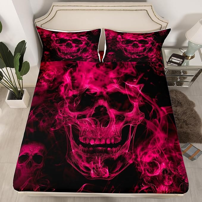 Feelyou Sugar Skull Fitted Sheet Queen Size Gothic Skull Bedding Set for Kids Teens Adults Halloween Themed Bed Sheet Set Smokey Hot Pink Black Bed Cover Room Decor 3Pcs with 2 Pillow Case
