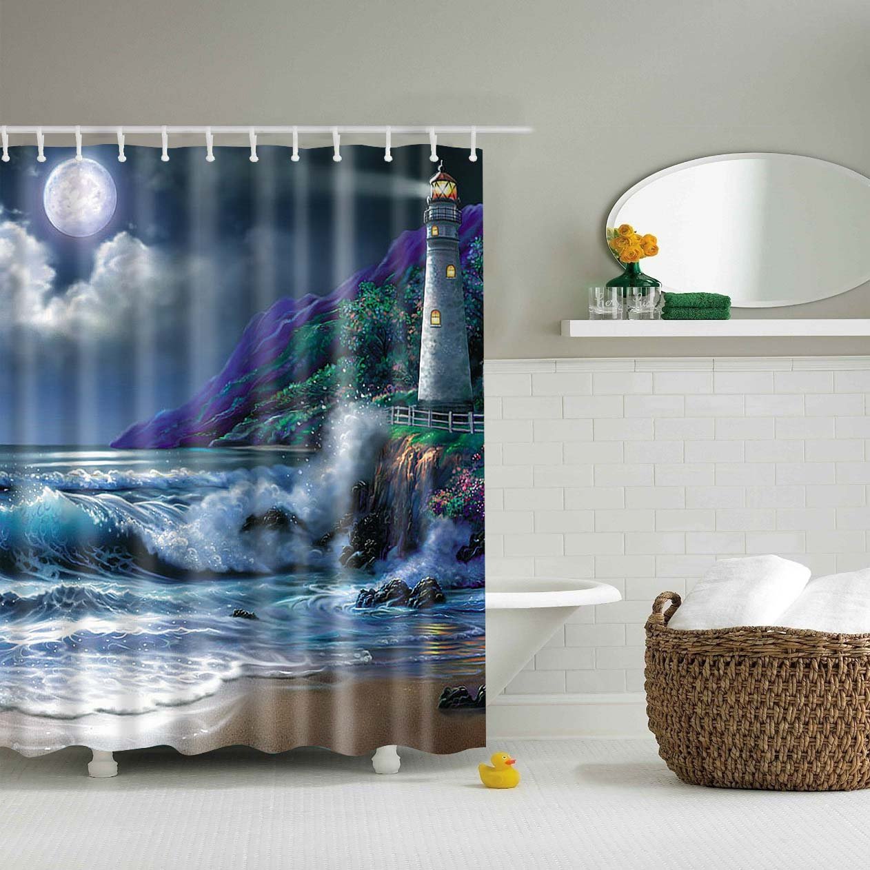 StoneMaxi 180x180cm Bathroom Shower Curtain, 100% Polyester Fabric Waterproof Anti-Mould Proof Mildew Resistant, Washable, Quick-Drying, with 12 Pcs Hooks (72 x 72 Inch) (Lighthouse)