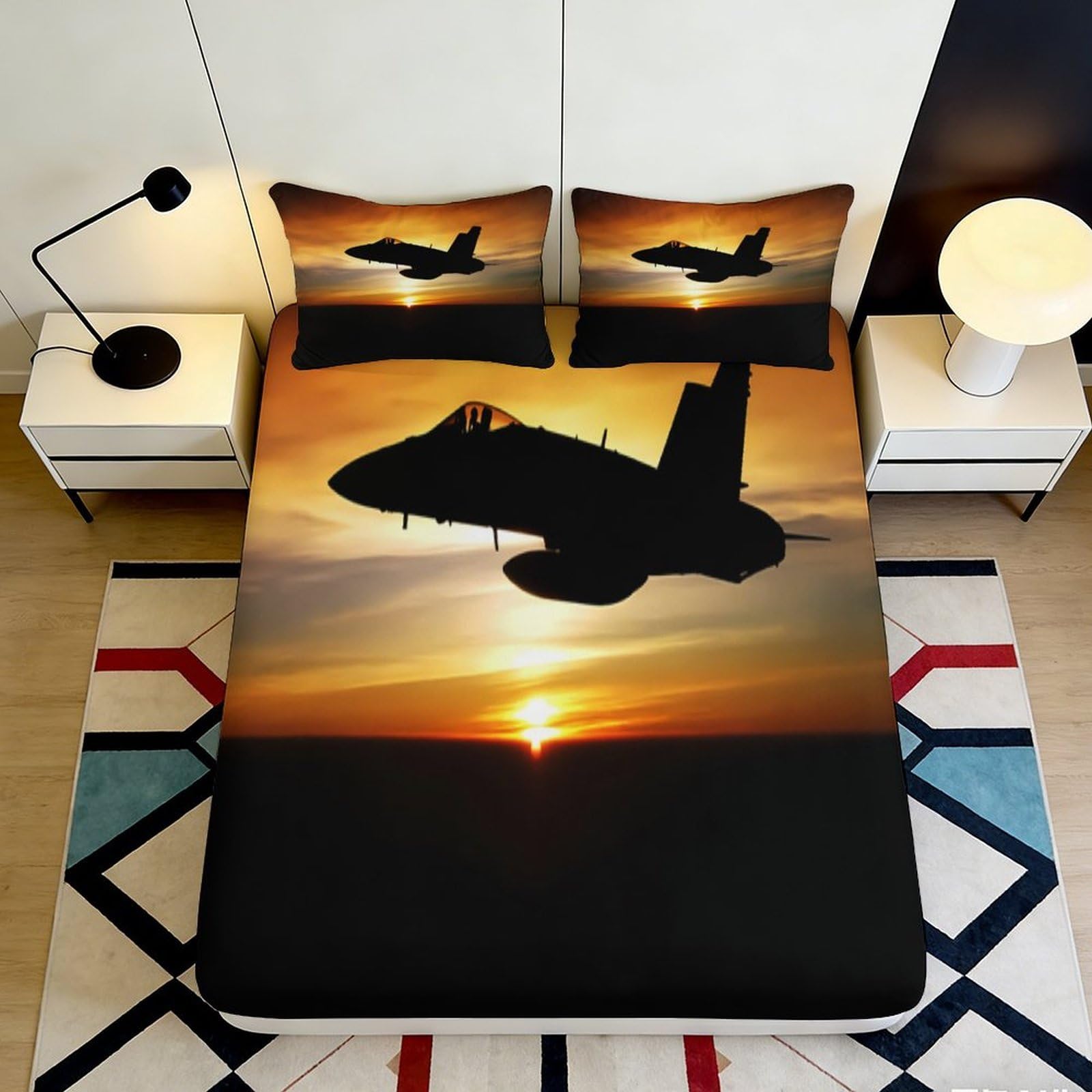 Jqzkxnhpbr Style-2 3D Printed Sunset Fighter Jet Fitted Sheet Microfiber Soft Bedroom Decor Anti-Slip Bed Cover For Home Dorm 90X200x25cm