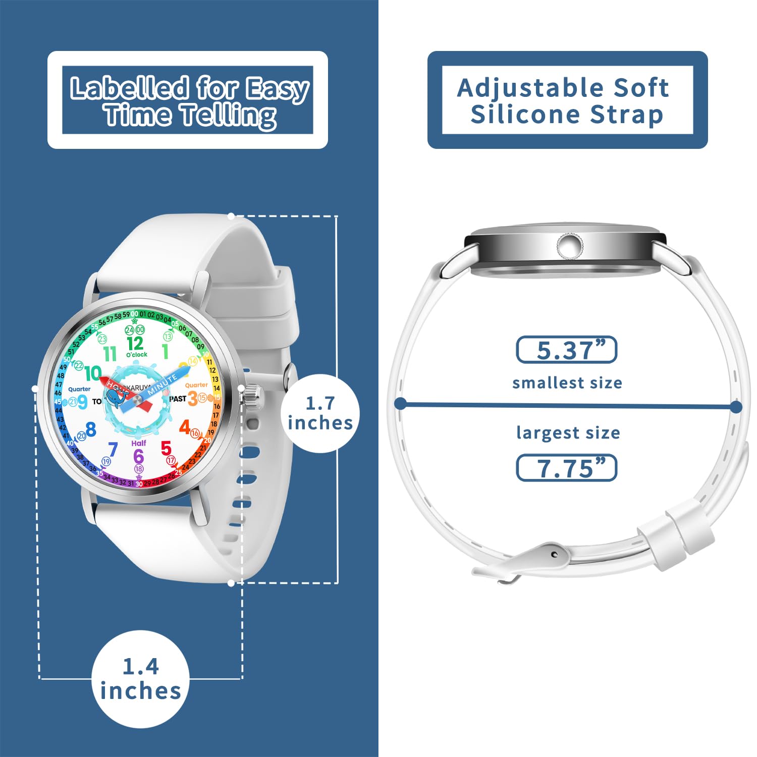 Reloj analógico para niños, reloj de aprendizaje para niños de 8 a 12 años, color azul, bonita ballena, impermeable, para niños de 5 a 7 a 6 a 8 años, correa blanca