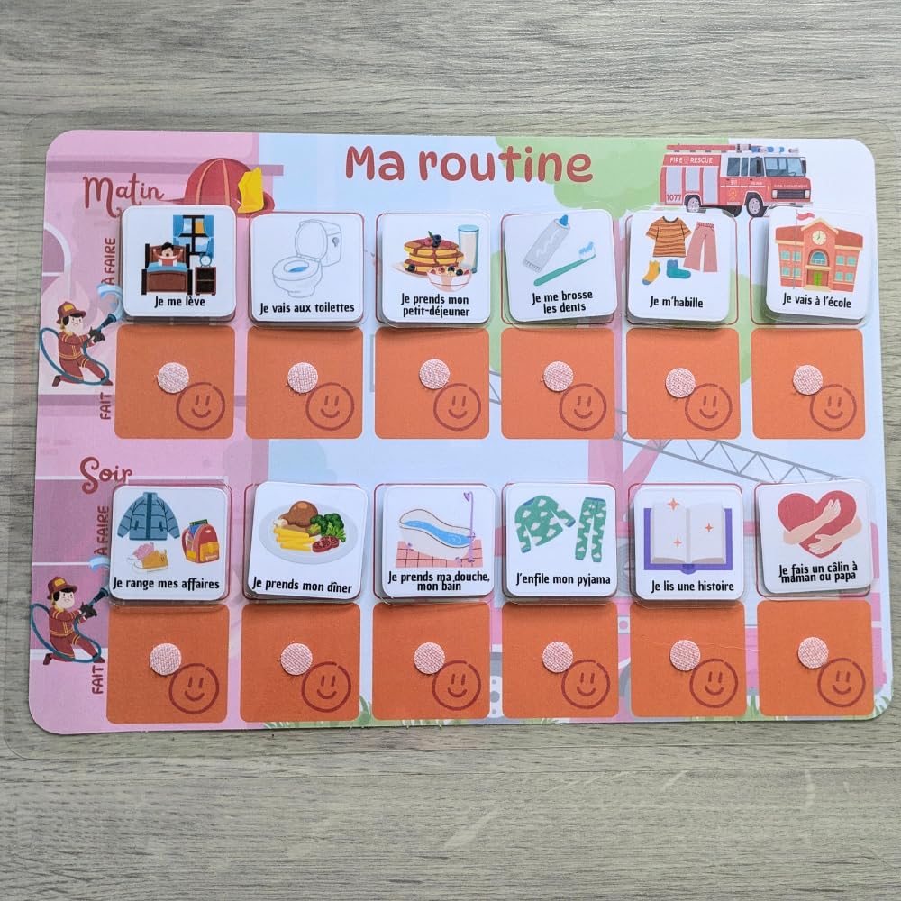 Tableau Routine Enfant Camion de Pompier – Planning Visuel Matin et Soir – Autonomie Enfant – 30 Étiquettes Activités du Quotidien