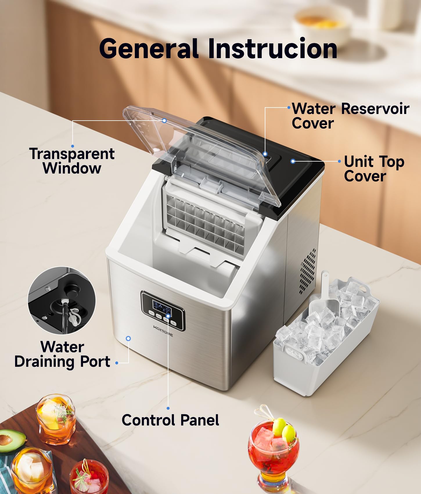 Macchina per il ghiaccio, in acciaio inox, 20 kg/giorno, 24 pezzi, pronta in 13 minuti, macchina per il ghiaccio autopulente, con paletta e cestino, display a LED, timer 24H, portatile, per