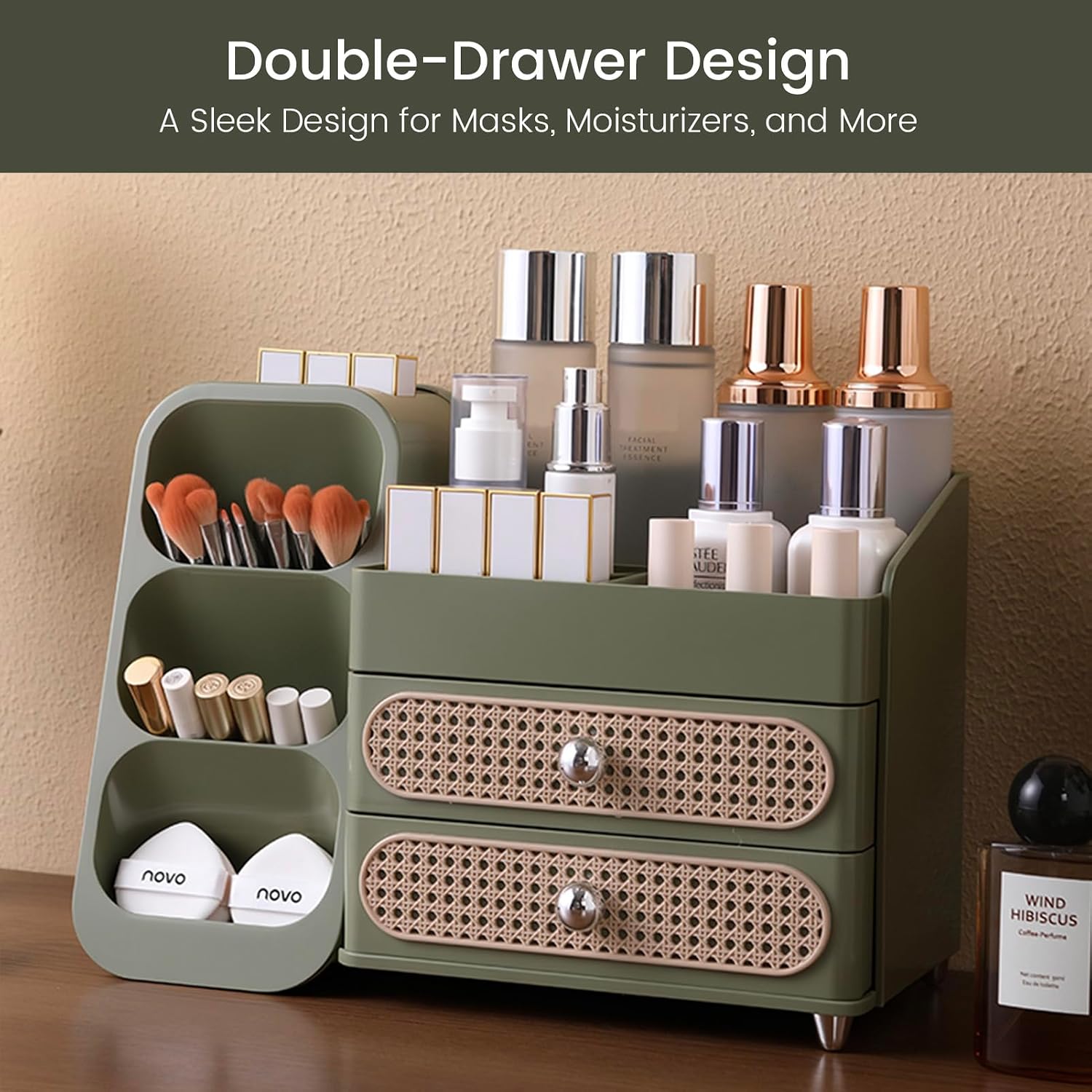 Aveniee Makeup Organizer with Drawers for Vanity, Big Cosmetic Perfume Makeup Brush Holder, Bathroom Coutertop Storage for Skincare Beauty Essentials-Green