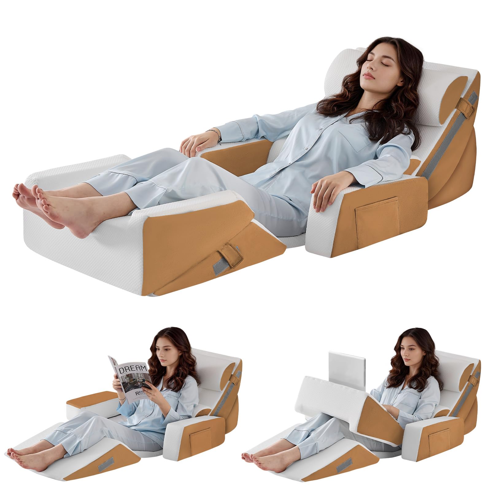 Yojoker 9PCS Orthopedic Bed Wedge Pillow Set for Sleeping, Back and Leg Pain Relief, Post Surgery Foam Pillow for Body, Triangle Adjustable Support Pillow - Acid Reflux Sleeping Pillows Brown
