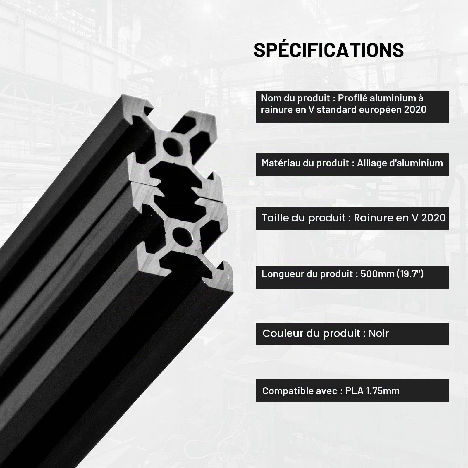10 pièces 500 mm 2020 V - type noir euro standard anodisé linéaire Rail profilé en aluminium extrudé pour bricolage imprimantes 3D et machines CNC