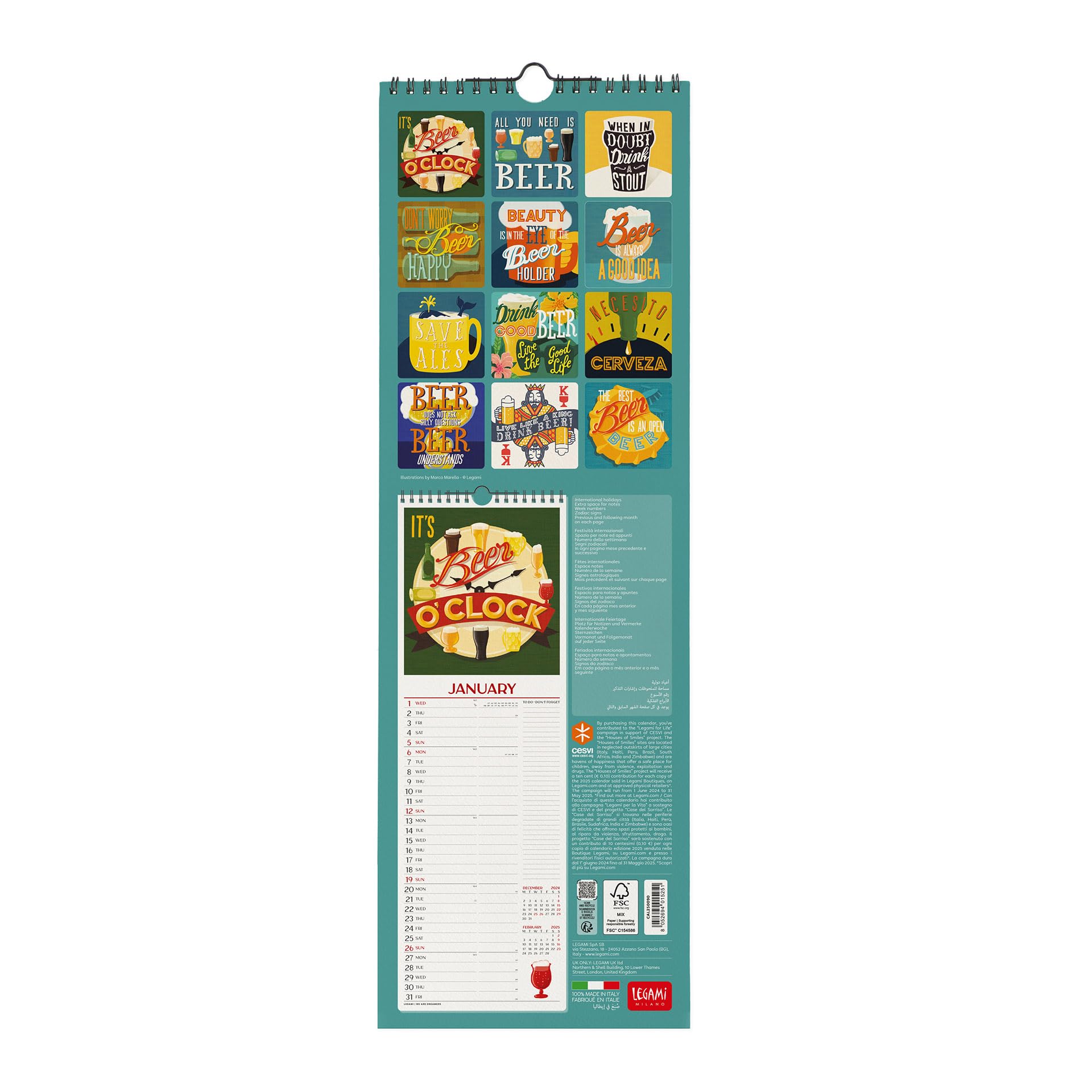 Calendrier Mural 2025 Legami - Thème « Dogs Of The World » - 16x49 Cm - Papier FSC - Avec Planificateur 2026