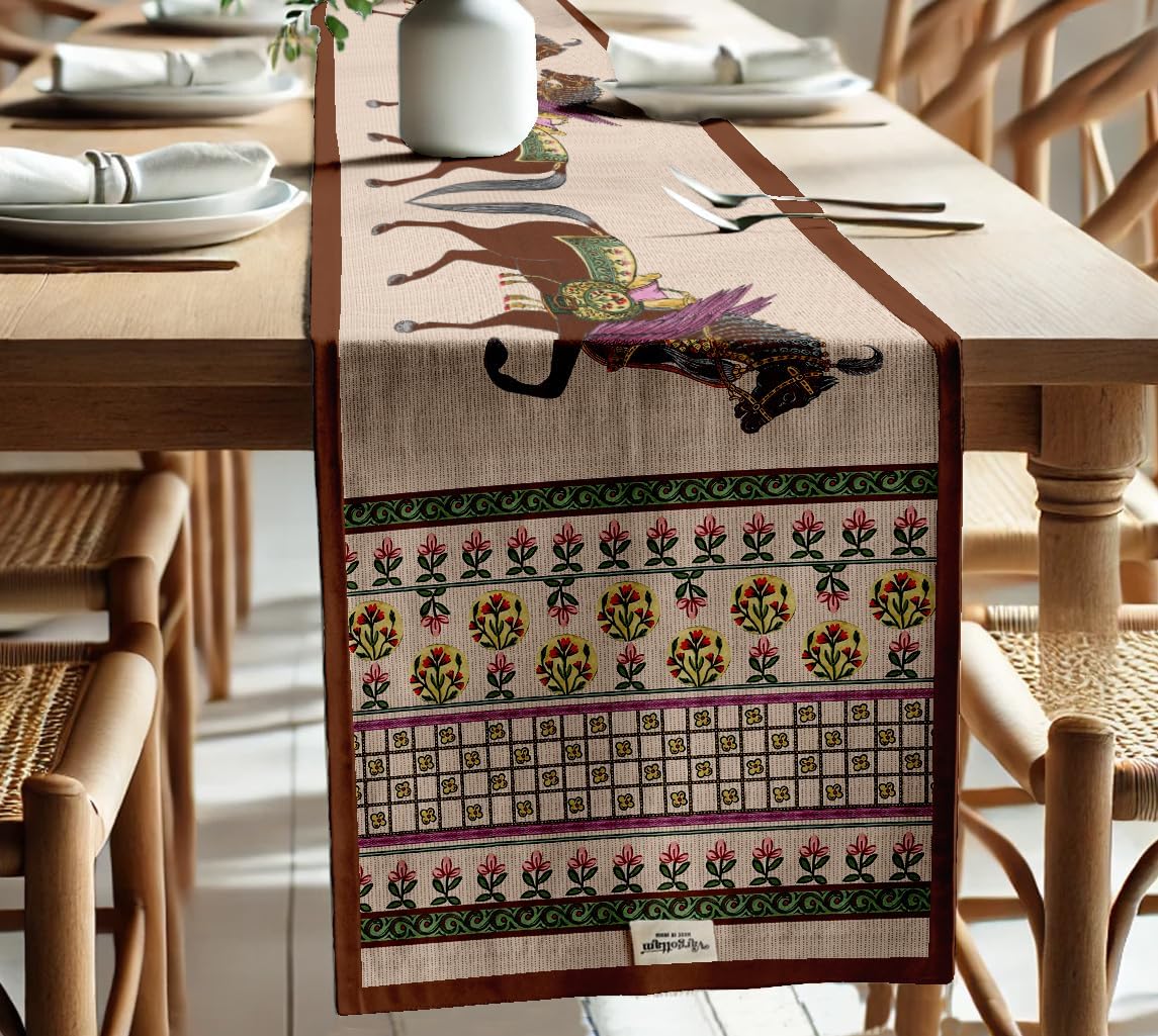 Double Layer Cotton Table Runner with Border - Animal Print, Machine Washable - Dining Table Décor for Farmhouse & Modern Homes