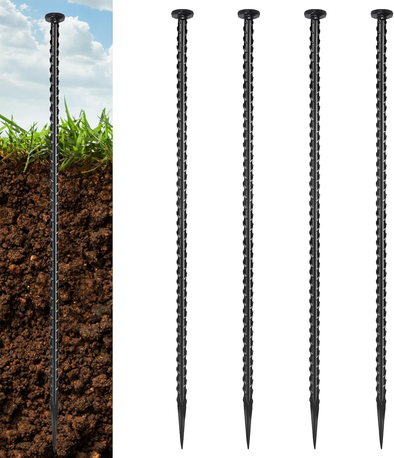 4 Pack Rebar Stakes - 5/8 Diameter Heavy Duty Metal Stakes with Chisel Point Ends, Ground Stakes for Yard and Camping, Tree Stakes Supports