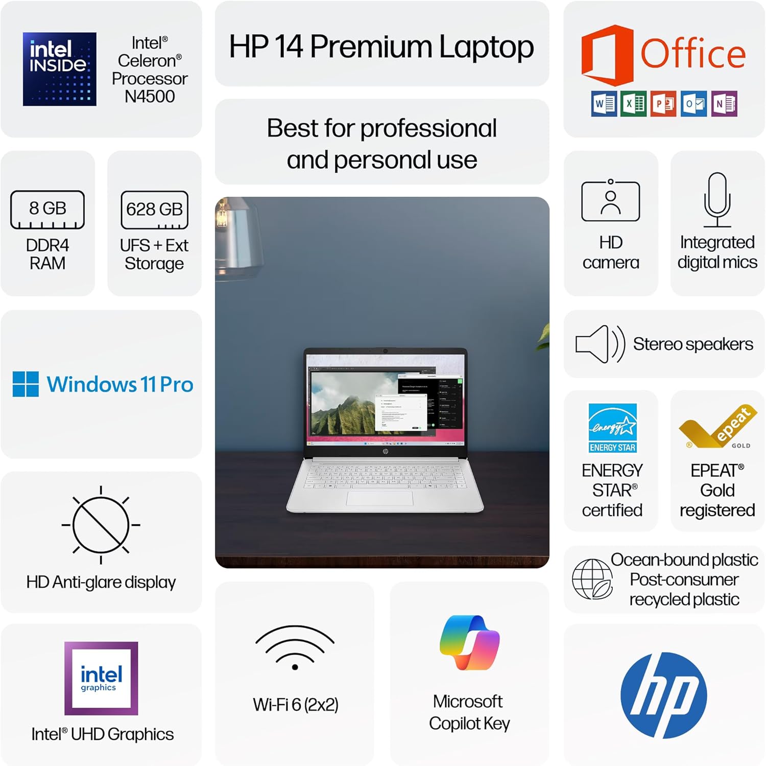 HP Flagship 14" Laptop Computer for 2026 Student Business, Win 11 Pro, Copilot AI, Intel CPU Up to 2.8GHz, 8GB RAM, 628GB Storage (128GB SSD+500GB Ext), Wi-Fi 6, HubxcelAccessory, MS Office, White