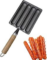 Vista 3 de Sartén para salchichas, Sartén de salchicha de hierro fundido, Bandeja antiadherente para hornear con mango de madera antiescaldado, sartén