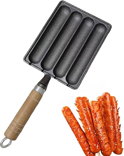 Miniatura 3 de Sartén para salchichas, Sartén de salchicha de hierro fundido, Bandeja antiadherente para hornear con mango de madera antiescaldado, sartén para
