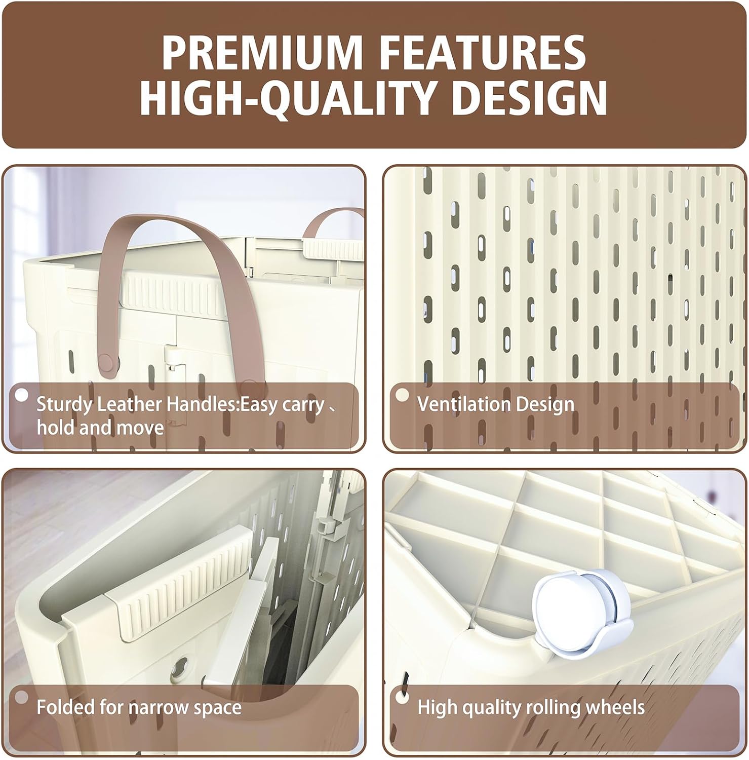 UAK Laundry Basket with Wheels, Collapsible Plastic Laundry Hamper with Handle, Foldable Laundry Basket Organizer for Laundry and Bathroom (Ivory, XXL)