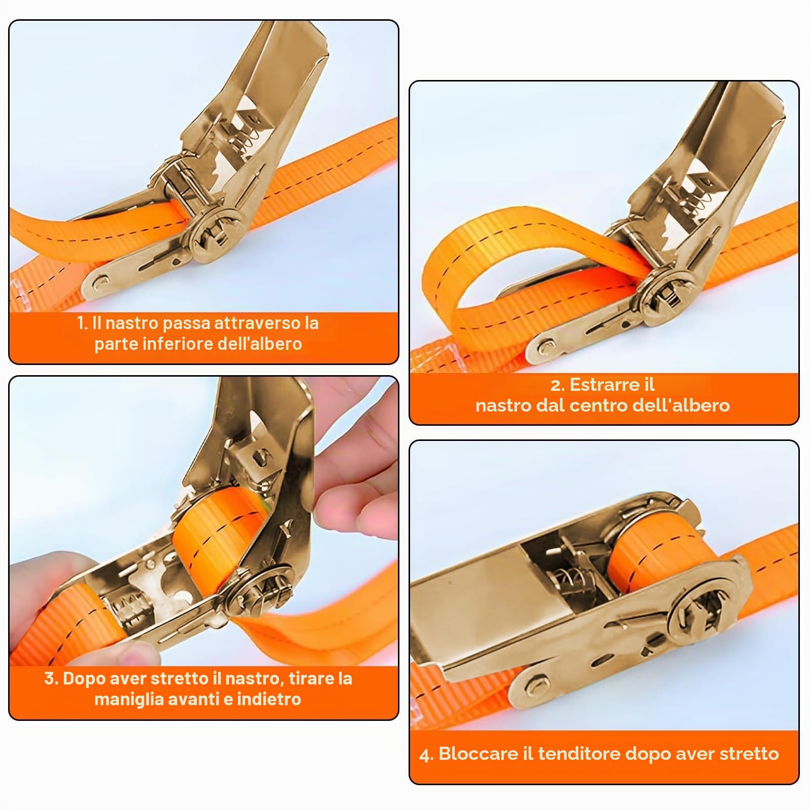 4 Pezzi Cinghie a Cricchetto 2.5CM Cinghie di Fissaggio Fasce a Cricchetto Cinghie di Ancoraggio Arancione Tensione con Cricchetto, 1000 kg Fissaggio Cinghia a Cricchetto Ratchet (2M)