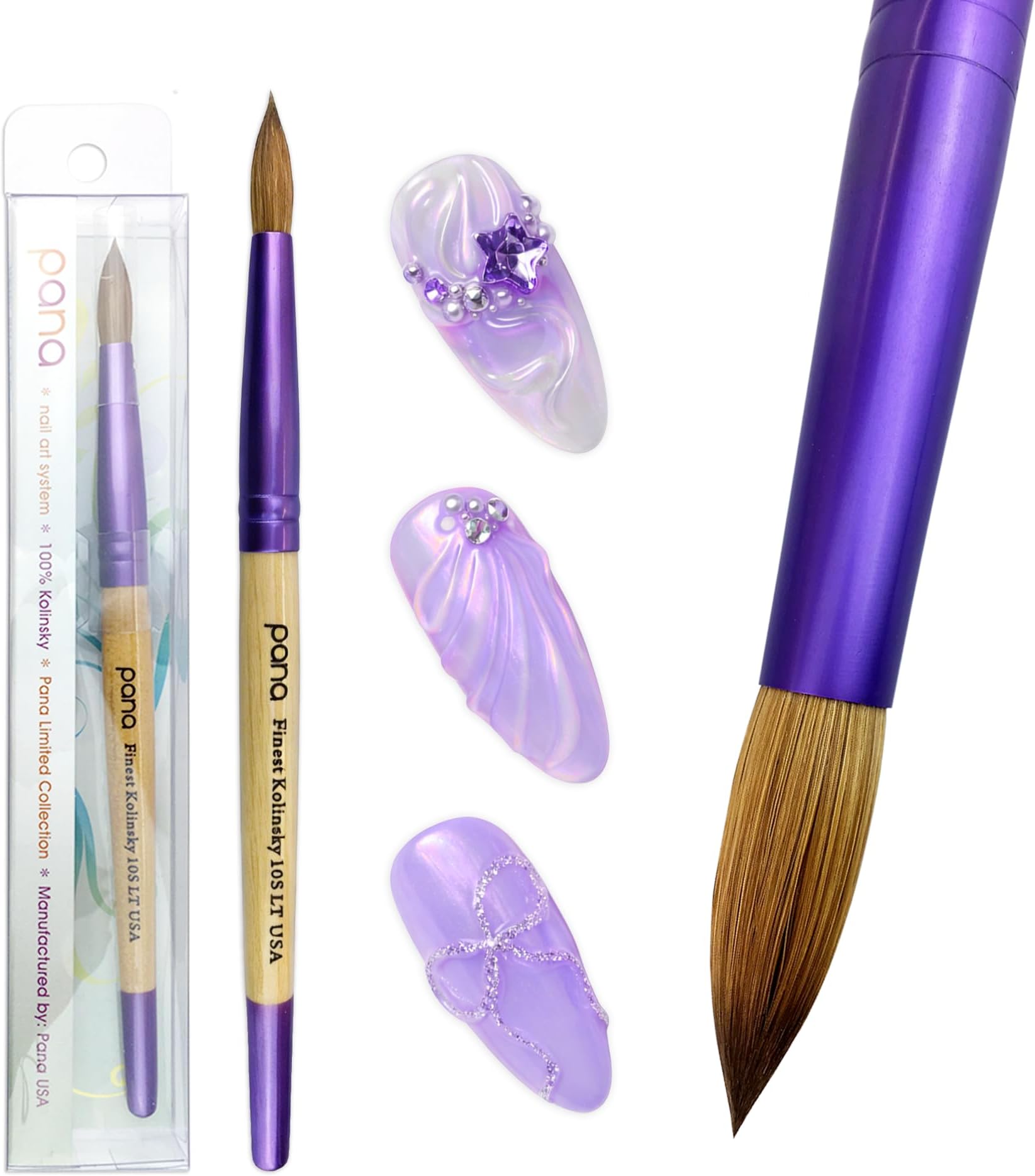 Pure Kolinsky Hair Acrylic Nail Brush - Round Shape Purple Ferrule with Beige Wood Handle (Size 10)