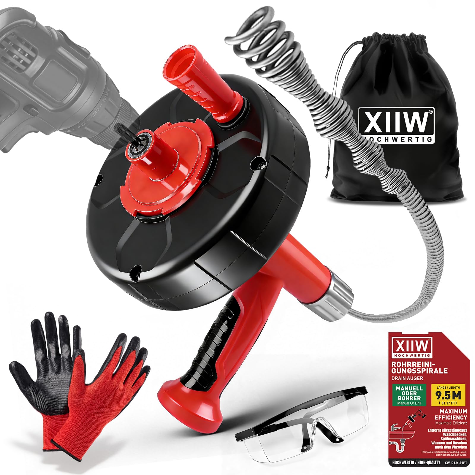 XIIW spirala do czyszczenia rur 9,5M | 2-in-1 ręczny/elektryczny z adapterem do wiertarki | Udrażniacz do rur – udrażnianie zatkanych odpływów w kuchni, łazienki | rękawice, okulary, torba w zestawie