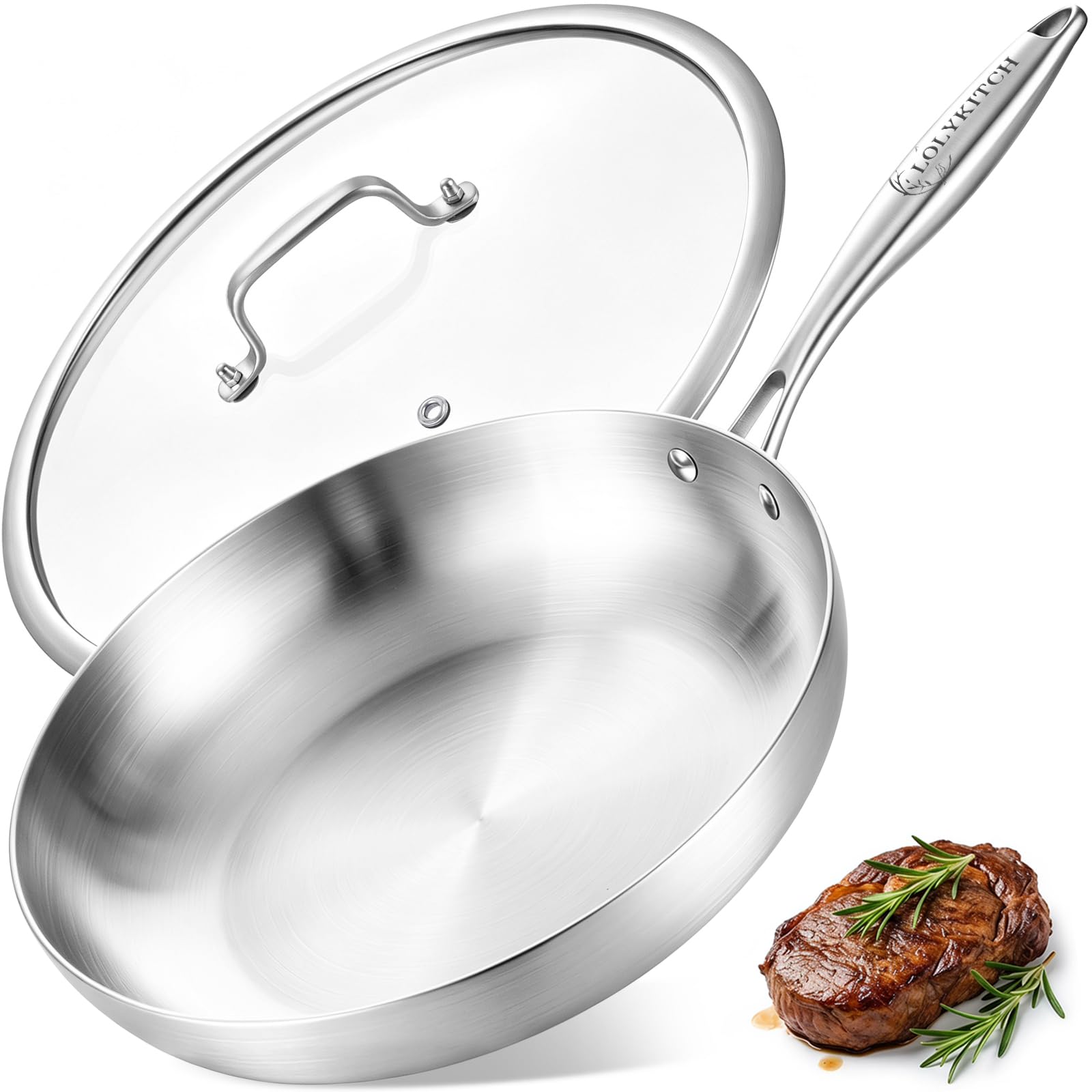LOLYKITCH Bratpfanne 28 cm mit Glasdeckel, unbeschichtete Edelstahlpfanne | Tri-Ply Konstruktion, schnelle und gleichmäßige Wärmeverteilung, für alle Herdarten geeignet, ofenfest