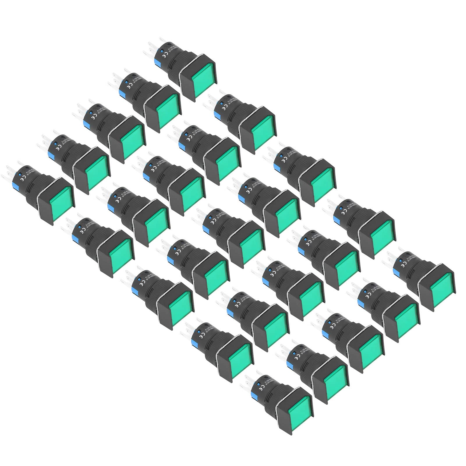 Druckschalter, selbstverriegelnder 16 mm Quadrat Leistungsschalter mit Beleuchtung 220V 5A, 25 Stück Set, für Installation Ersatz (Grün)